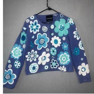 Michael Simon Cardigan Sweater Womens's Medium Blue Embroidered Floral Button